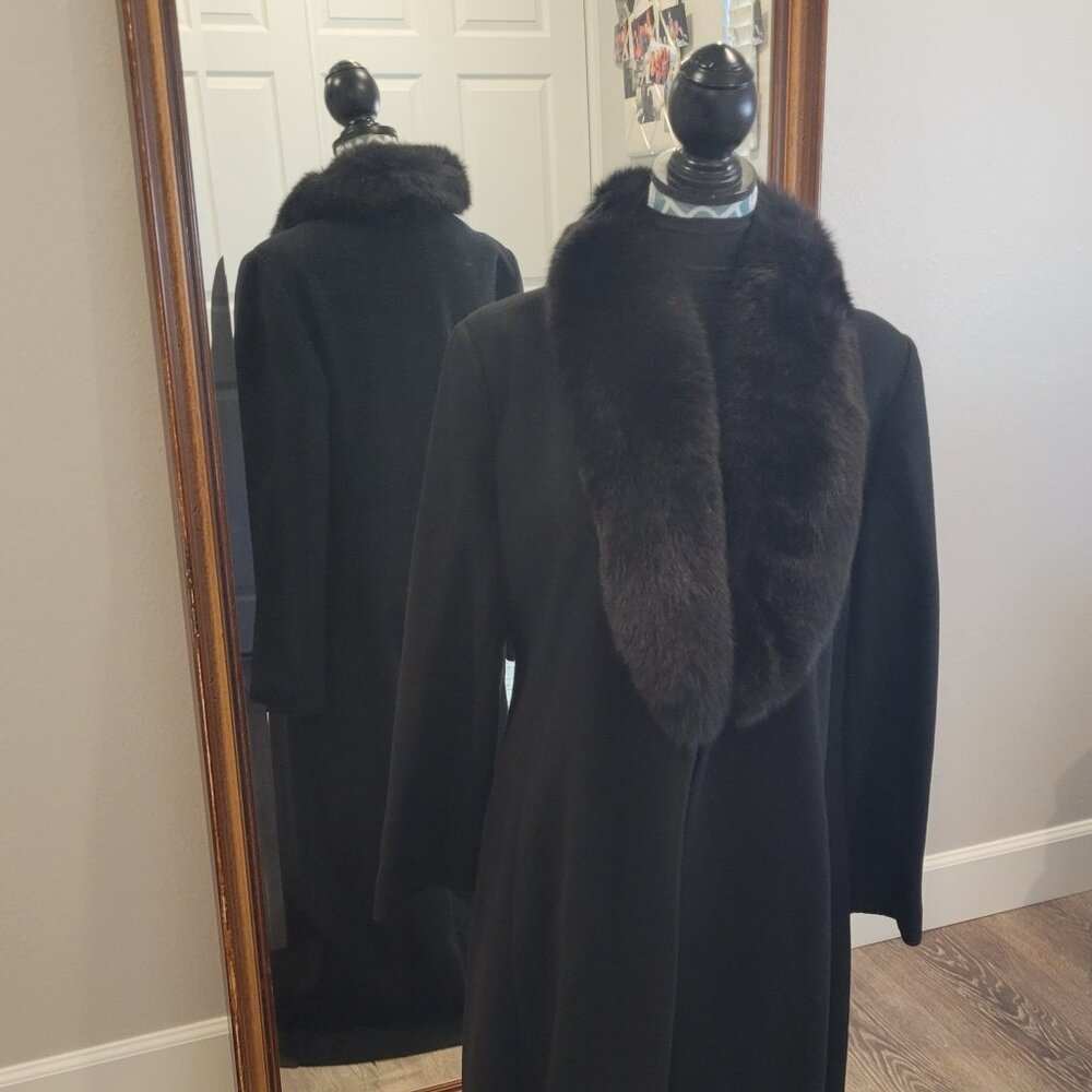 Marvin Richards Lambswool black full length coat with faux fur trim
